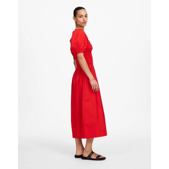 Madewell Women's Poplin Smocked Puff Sleeve Midi Dress NV027 Cerise Size XXS NWT - Picture 2 of 6